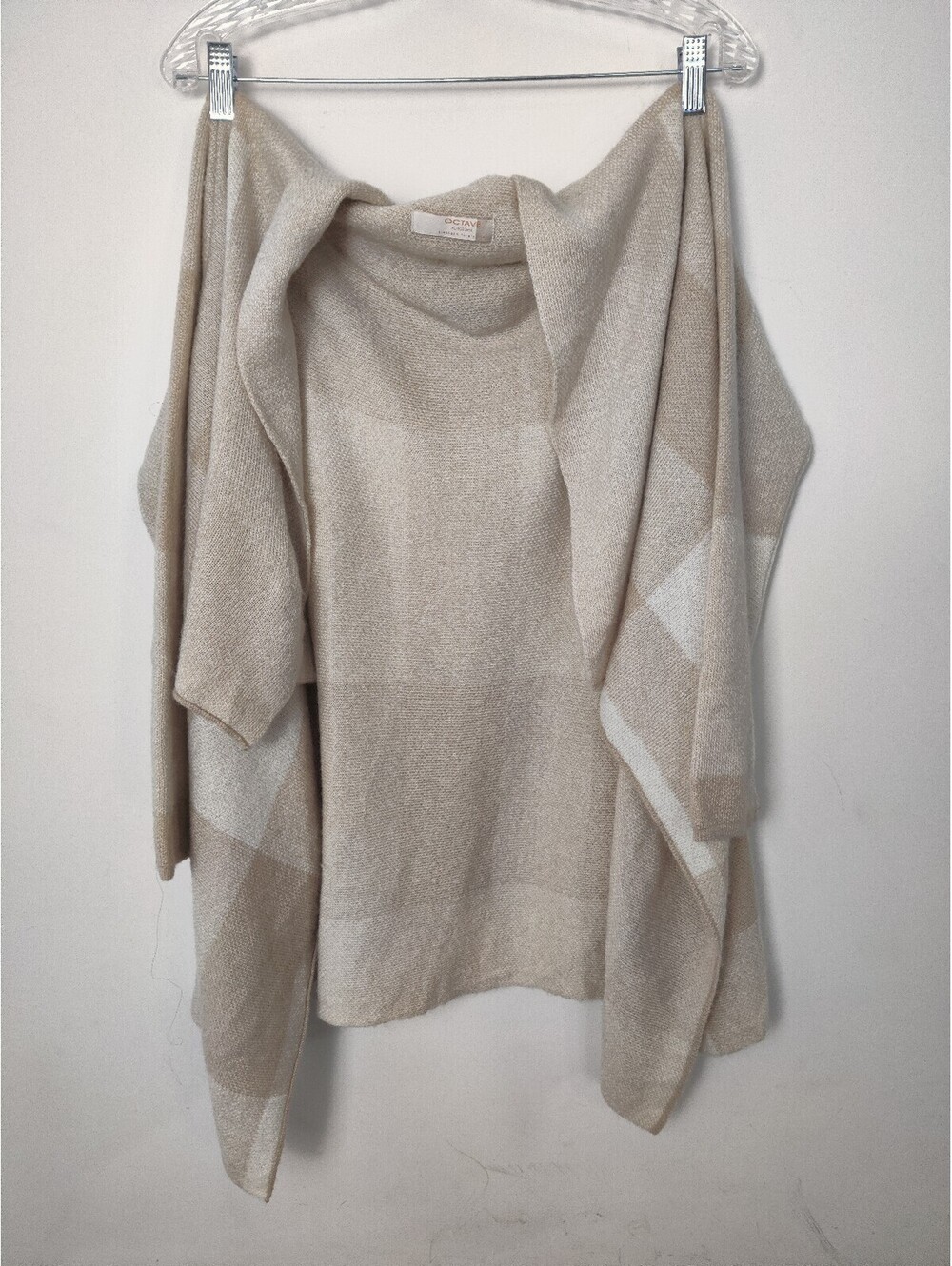 Octave Cream Beige Windowpane Plaid Wool Blend Knit Open Front Poncho Wrap XL